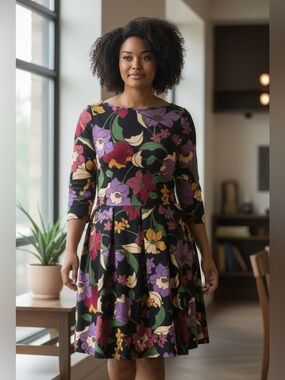 Seven7 Black Floral Fit-and-Flare womens Dress - Purple, Red, Yellow, Green